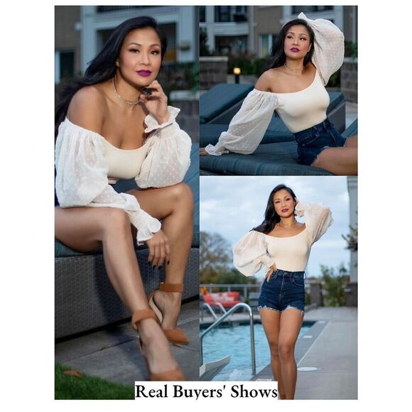 NEW Puff Bodysuit Off Shoulder Leotard Sheer Polka Dot Sleeve S - Picture 2 of 5